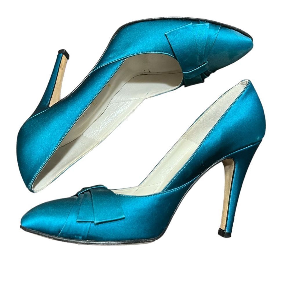 Something Bleu Cherish Teal Blue Satin Bow 4" Pump Heels Sz 7.5 EUC